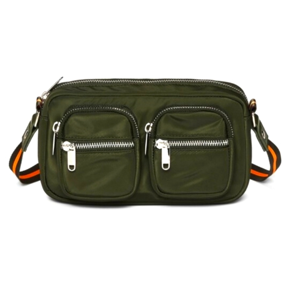 Crossbody Bag Olive Green Nylon Dual Pocket Adjustable Strap Zip Top Sporty - Picture 2 of 12